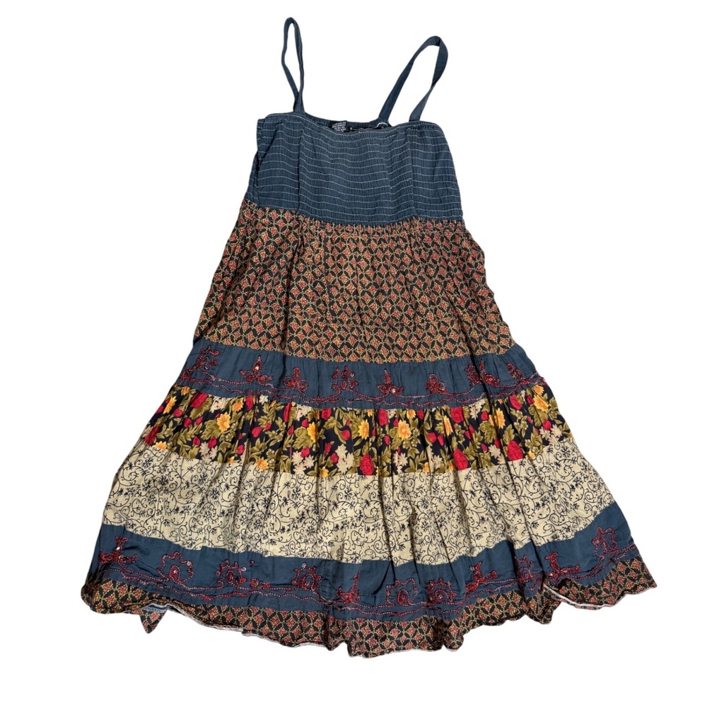 Bohemian Whimsigoth Patchwork Cotton Smocked Tiered Midi Dress Embroidered M